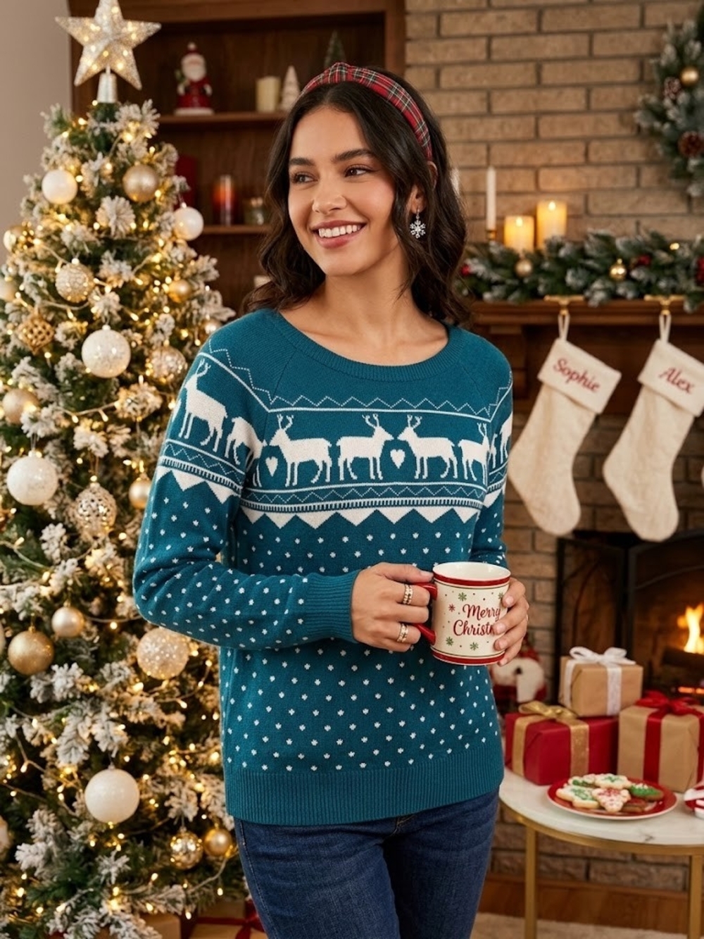 LOFT Teal Crewneck Reindeer Fair Isle Sweater